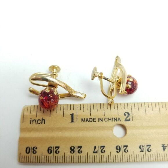 Vintage Wishbone and Red Bead Clip On Earrings, Screw Back Design, Gold Tone - Picture 2 of 5